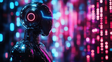 Poster - Futuristic robot profile digital landscape concept art neon environment side view technology innovation