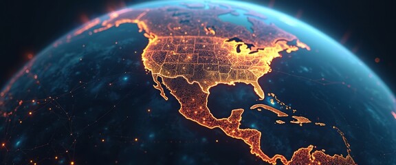 Poster - Global digital mesh globe highlights Americas tech connectivity. Data points illuminate continent. Network connections demonstrate global tech links. 3D earth globe with city lights show