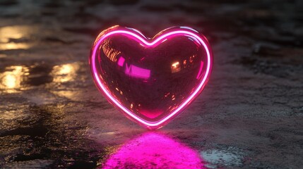 Poster - D-rendered floating heart with a glowing soft pink neon outline.