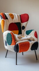 Poster - This unique armchair features a vibrant, patchwork design with bold colors and shapes, perfect for adding character to any contemporary room. Soft textures invite relaxation and style