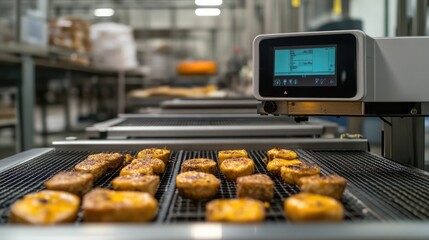 Poster - advanced quality control scanner ensuring food safety in a processing plant.