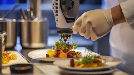 Poster - AI-driven food plating system arranging gourmet dishes with robotic precision.