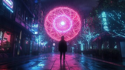 Poster - Futuristic light show urban street digital art nighttime perspective technology and creativity invoked