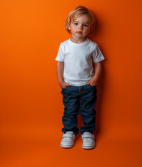 A toddler with a white hair in a white t-shirt and jeans stands on a uniform orange background