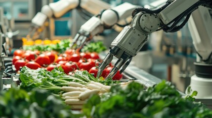 Poster - Close-up of robotic arms packaging fresh vegetables in a high-tech facility.