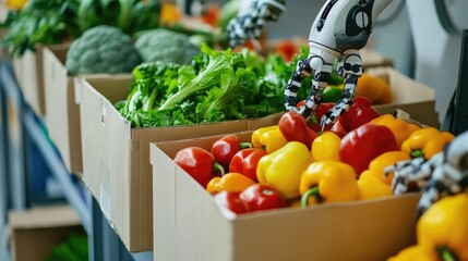 Poster - Close-up of robotic arms packaging fresh vegetables in a high-tech facility.