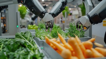 Poster - Close-up of robotic arms packaging fresh vegetables in a high-tech facility.