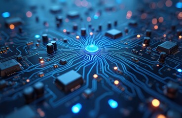 Poster - Advanced circuit board with glowing blue lights, intricate electronic components. Complex tech layout with detailed wiring, chips. Modern tech design shows power, energy. Intricate network