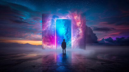 Wall Mural - cosmic gateway: a solitary figure stands before a vibrant, otherworldly portal, a swirling nebula co