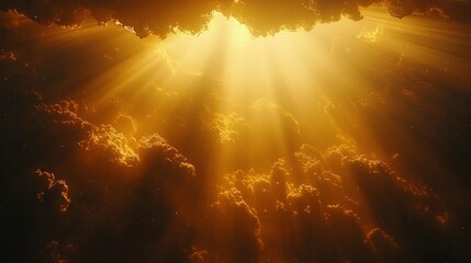 Golden sunlight piercing dark clouds, heaven's light, religious imagery