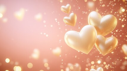 Poster - Floating golden hearts with soft glowing particles on a warm pink background.