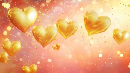 Poster - Floating golden hearts with soft glowing particles on a warm pink background.
