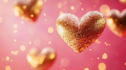 Poster - Floating golden hearts with soft glowing particles on a warm pink background.