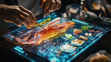 Poster - Futuristic holographic food menu displaying customizable meal options.