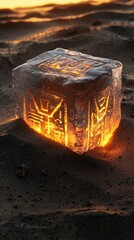 Sticker - Burning cube in the sand. AI.