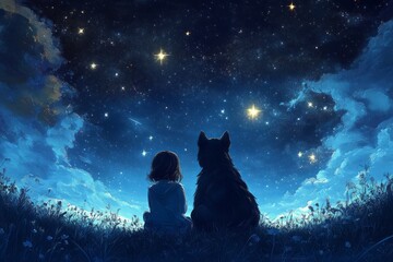  anime style illustration of a dog and a girl, a child looking the stars