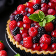 © Viktoriia - Exquisite berry tart adorned with fresh fruits and mint on a black background