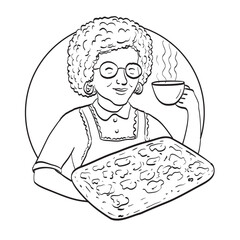 Wall Mural - Drawing sketch illustration of a grandmother, granny or grandma holding a rectangular pizza or teglia and a cup of coffee set inside circle  on isolated background done in retro cartoon art style.
