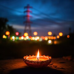 Illuminated earthenware diya at twilight, city lights bokeh background