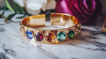 Luxury gold cuff bracelet with gemstone embellishments, placed on a marble table.