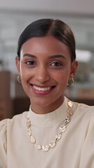 Poster - Face, employee and woman in office, smile and pride with economy analyst, confidence and about us. Indian person, portrait and tax consultant in workplace, accounting firm and financial advisor