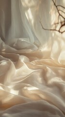 Poster - Striped white sheets lay unmade as morning light fills the room, casting soft shadows that enhance the delicate texture and tranquility of the space, inviting a serene start to the day