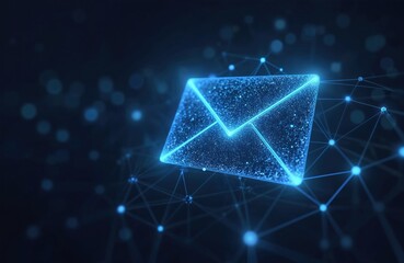 Poster - Digital email icon glows with connected tech lines. Futuristic message, innovative communication. Electronic mail service, quick delivery in cyberspace. Modern abstract concept for email, parcel