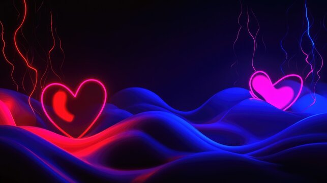 Modern Valentine's Day background with neon heart shapes and futuristic lighting.