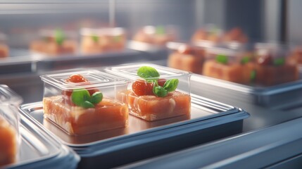 Poster - Precision food production line with conveyor belts transporting packaged goods.