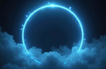Leinwandbilder - Luminous blue circular portal floats above dark clouds. Glowing energy effect creates futuristic design. Ideal for tech fantasy concepts. Abstract shape evokes mystic ambiance. Modern glowing light