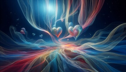 Poster - A celestial landscape of flowing fabrics, adorned with shimmering hearts suspended in the ethereal space.