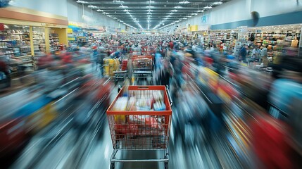 Wall Mural - Capture frenzy of shopping a dynamic photo series using high speed photography techniques to freeze the chaotic energy of Black Friday crowds bustling retail stores and lightning fast transactions