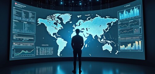 Poster - Man contemplates global data on giant screen. Modern tech displays data analysis of worldwide information. Futuristic corporate office. Global data analysis displayed on large interactive screen.
