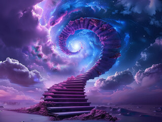 Wall Mural - celestial stairway to the cosmos: a surreal, digitally created artwork depicts a swirling, purple st