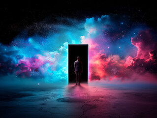 Wall Mural - threshold to the cosmos: a solitary figure stands before a glowing, otherworldly portal, bathed in t