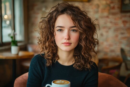 Stylish young woman with curly hair holding a coffee cup in a cozy cafe, space for text on the left.