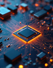 Poster - Close-up view modern microchip on circuit board. Intricate patterns orange lights highlight tech innovation. Advanced tech component. Modern chip high-tech design. Circuit board shows intricate