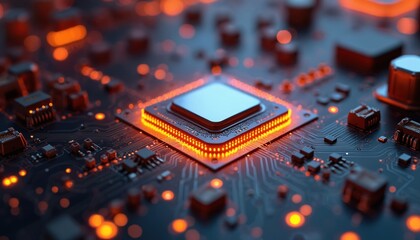 Poster - Advanced tech circuit board closeup shows central processor unit glowing with orange light. Intricate connections, components visible. Modern computer hardware design. Tech evolution in computing