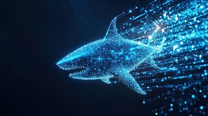 Poster - Shark chasing a digital fish icon in a cyber-ocean concept