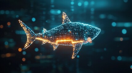 Poster - Shark chasing a digital fish icon in a cyber-ocean concept