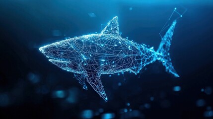 Poster - Shark chasing a digital fish icon in a cyber-ocean concept