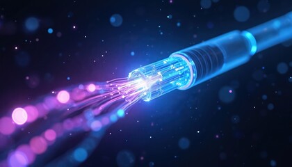 Poster - fiber optic cable glows with vibrant blue, purple light. closeup view shows intricate details of glo