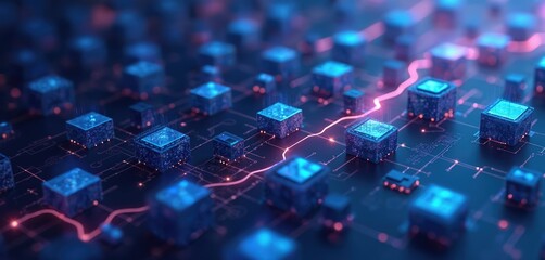 Poster - Futuristic tech grid with glowing blocks. Isometric geometric shapes form interconnected network. Blue, purple tones on dark background. Digital blueprint tech concept. Complex web of connections