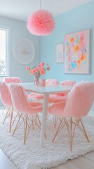 Aufkleber - Charming dining room showcases a white table surrounded by fur-lined chairs in pastel pink, accented by a fluffy rug and colorful decor, all bathed in natural light and cheerful vibes