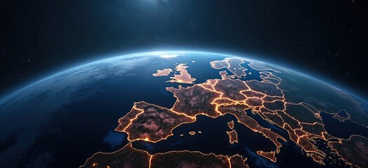 Poster - Night view of Western Europe from space. City lights trace country borders. Europe map. Vivid colors show city lights. Space view. Beautiful earth. Planet view of continent. Vivid night. Illustrative