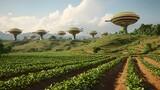 Futuristic farming aerial crop monitoring, hills, sustainable agriculture