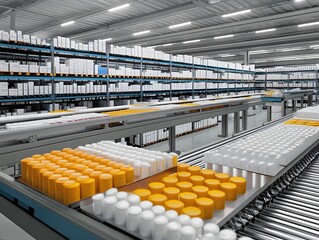 Poster - A modern warehouse featuring neatly arranged shelves and a conveyor system
