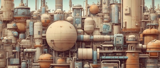 Poster - an intricate collage of industrial pipes, tanks, and machinery, showcasing the complexity and scale 
