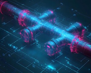 Poster - Futuristic digital design showcasing a 3D model of interconnected pipes. The glowing neon colors enhance the representation of modern engineering and advanced technology.