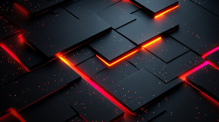 Poster - A dark gaming background with neon orange and pink lines cutting through a black carbon fiber texture, creating a modern, chaotic atmosphere with a blurred empty space for captions